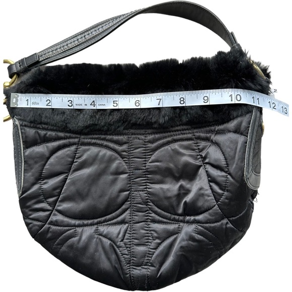 Coach Signature Satin Quilted Rabbit Fur Trimmed Hobo Handbag Black - Picture 5 of 16